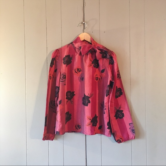 Vintage Tops - Vintage Cranberry Striped Rose print Neck Tie Top